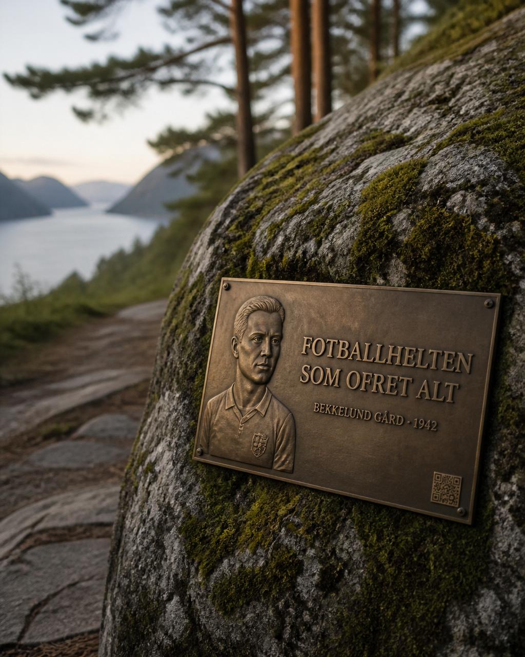 Messingplansje montert på mosegrodd stein ved fjorden